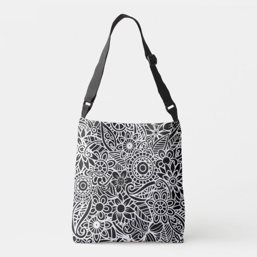 Mandala Floral Monogram Initiaal Zwart Wit Crossbody Tas (Achterkant)