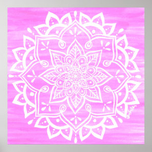 Mandala Floral Pink White Waterverf Poster