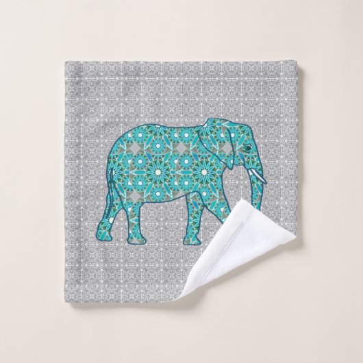 Mandala Flower Elephant, Turquoise, Grey & White Bad Handdoek (Wasdoekje)