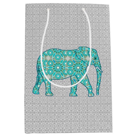 Mandala Flower Elephant, Turquoise, Grey & White Medium Cadeauzakje (Voorkant)