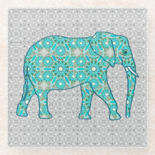 Mandala flower elephant - turquoise, grijs & wit glazen onderzetter