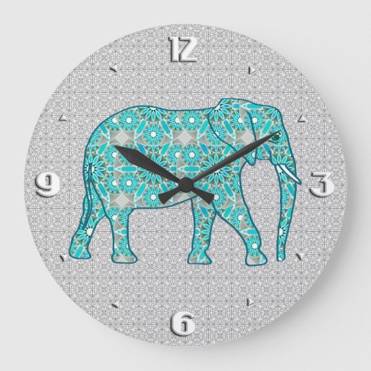 Mandala flower elephant - turquoise, grijs & wit grote klok (Voorkant)