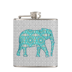Mandala flower elephant - turquoise, grijs & wit heupfles