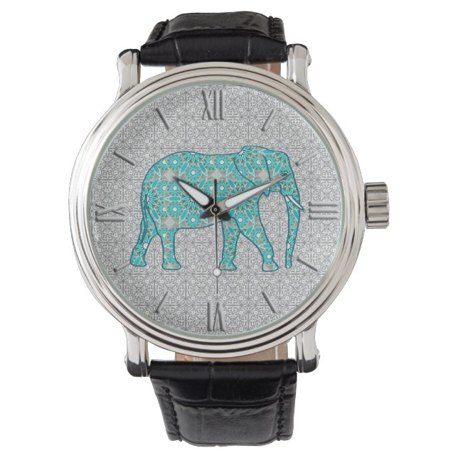 Mandala flower elephant - turquoise, grijs & wit horloge (Voorkant)