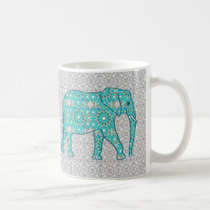Mandala flower elephant - turquoise, grijs & wit koffiemok