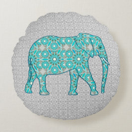 Mandala flower elephant - turquoise, grijs & wit rond kussen