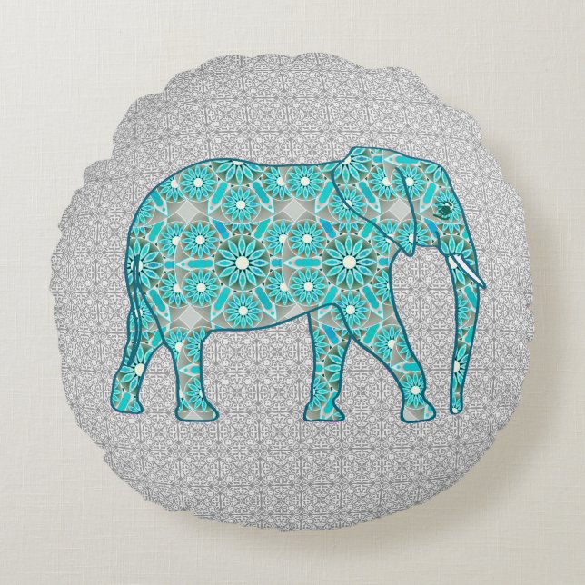 Mandala flower elephant - turquoise, grijs & wit rond kussen (Voorkant)