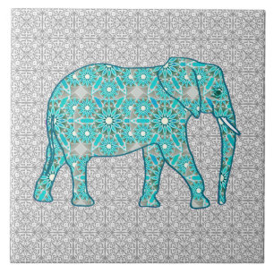 Mandala flower elephant - turquoise, grijs & wit tegeltje