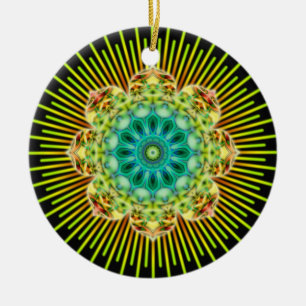 Mandala geel groen   zwart keramisch ornament