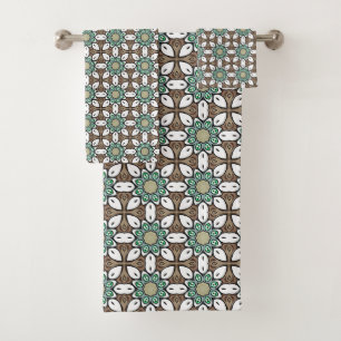Mandala géométrique turquoise, marron et blanc