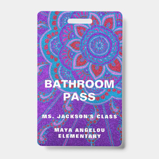 Mandala Glitter terug naar school Bathroom Pass Badge (Front)