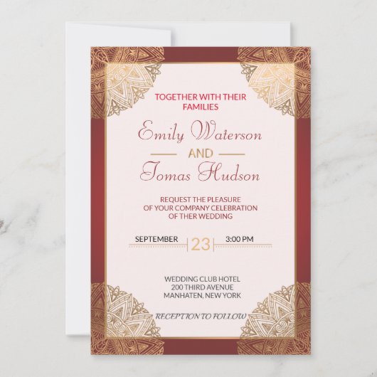 Mandala Gold Wedding Invitation, wit Kaart (Voorkant)