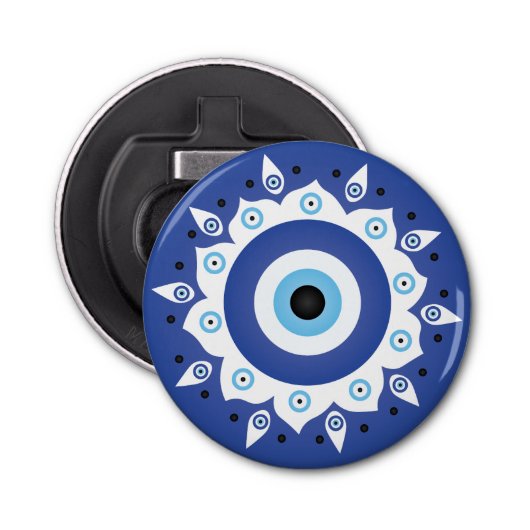 Mandala Grieks boze oog blauw wit Button Flesopener (Voorkant)