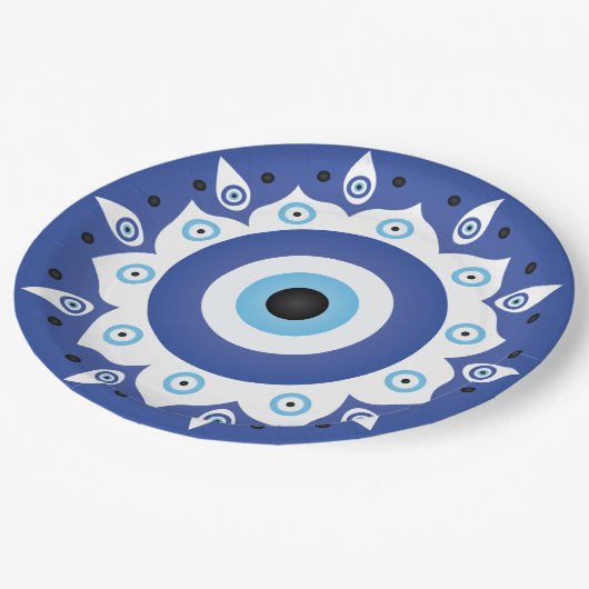 Mandala Grieks boze oog blauw wit Papieren Bordje (Gekanteld)
