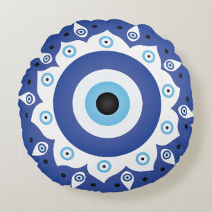 Mandala Grieks boze oog blauw wit Rond Kussen