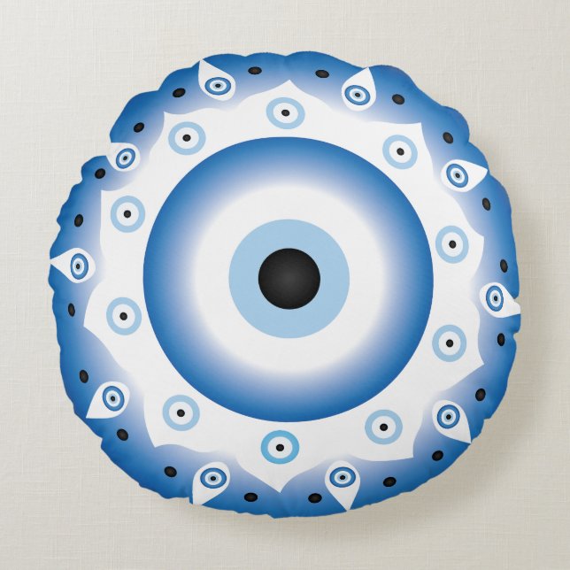 Mandala Grieks boze oog blauw wit Rond Kussen (Voorkant)