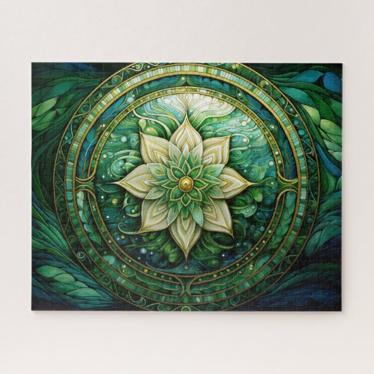 Mandala groen blauw goud legpuzzel (Horizontaal)