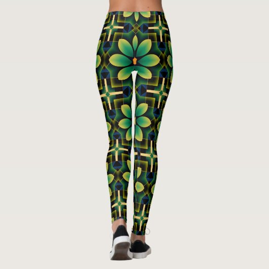 Mandala Groen en Geel Bloemen Geometrisch Patroon Leggings (Achterkant)