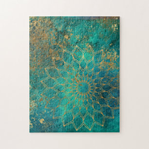 Mandala Grunge Gold op Blauwgroen Abstract Legpuzzel