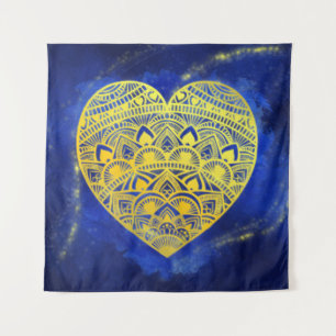 Mandala Heart Luminous Gold en Blue Wandkleed