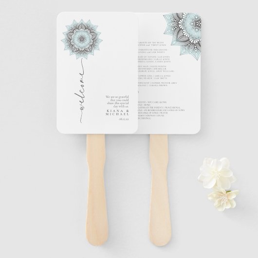 Mandala Lace Rev Wedding Welcome Lt. Blue ID968 Handwaaier (Voorkant en achterkant)