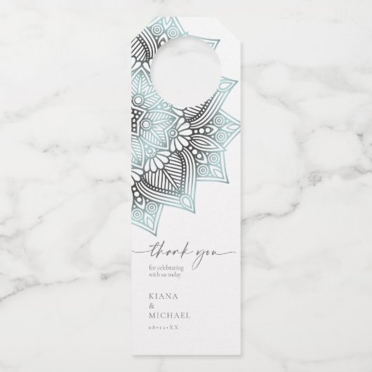 Mandala Lace Wedding Dank je. Blauwe ID968 Flessenhanger (Voorkant)