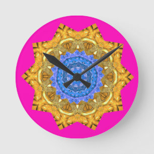 Mandala Magisch Blauw & Goud op Fuchsia Ronde Klok