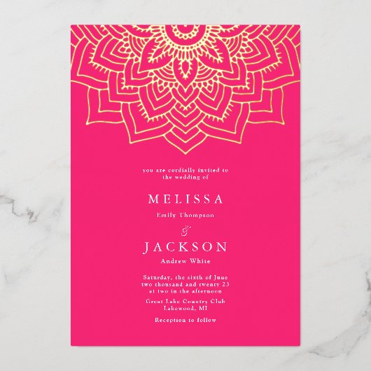 Mandala Mariage Foil Invitation Pink Delicate or (Recto)