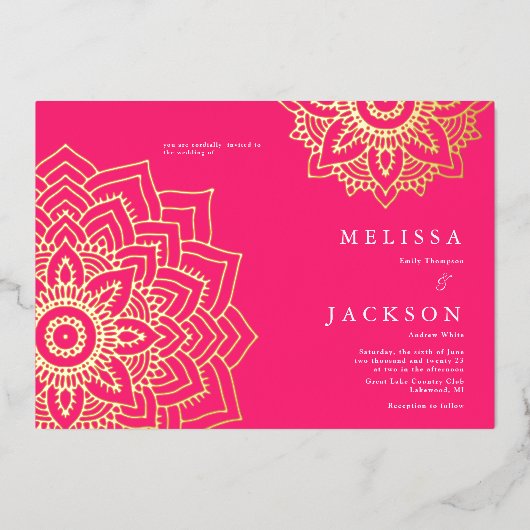 Mandala Mariage Foil Invitation Pink Delicate or (Recto)