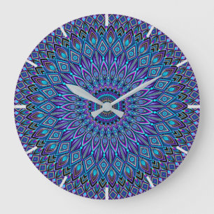 Mandala Meditation Blue Blauwgroen Paars Peacock Grote Klok