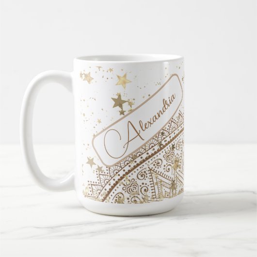 Mandala met gouden sterren op wit gepersonaliseerd koffiemok (Links)