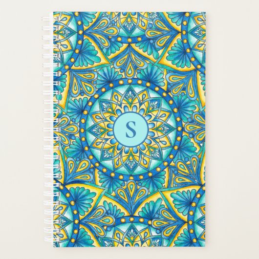 Mandala Monogram Blue Floral Motif Turquoise (Devant)