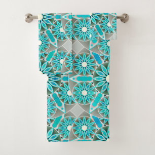 Mandala Motif, Turquoise, gris argenté et blanc