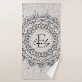 Mandala naam monogram monochroom lichtgrijs badhanddoek