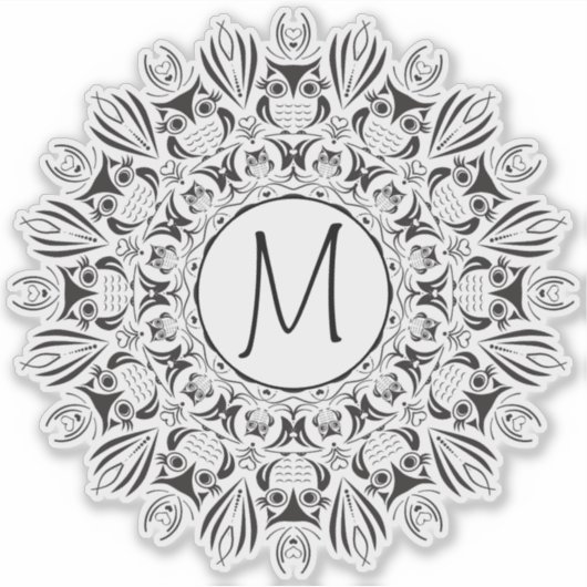 Mandala Owl Clear Round Monogram Sticker (Voorkant)