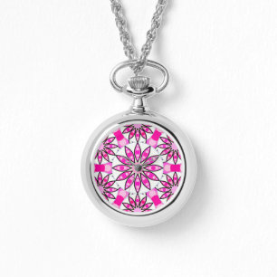 Mandala patroon, hete roze, zwart-wit horloge