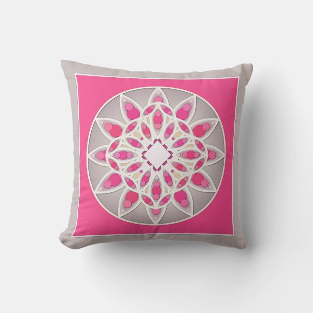 Mandala patroon in fuchsia roze, wit en grijs kussen (Voorkant)