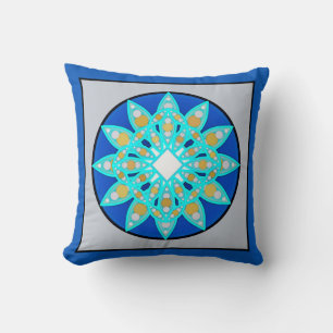 Mandala patroon in kobalt, grijs en turkooise kussen