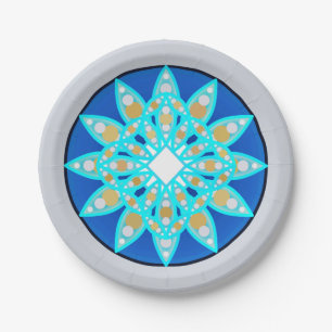 Mandala patroon in kobalt, grijs en turkooise papieren bordje