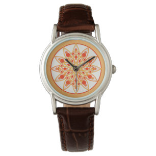 Mandala patroon in koraal, sinaasappel en goud horloge