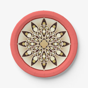 Mandala patroon in koraalroze, chocolade en tan papieren bordje