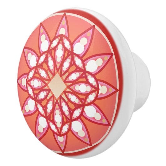 Mandala patroon in koraalroze, donkerrood en wit keramische knop (Rechts)