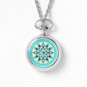 Mandala patroon in turquoise, tan en marine horloge