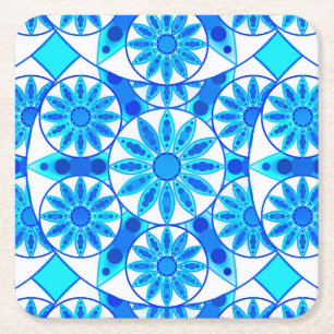 Mandala patroon, kobalt blauw en turquoise vierkante kartonnen onderzetter