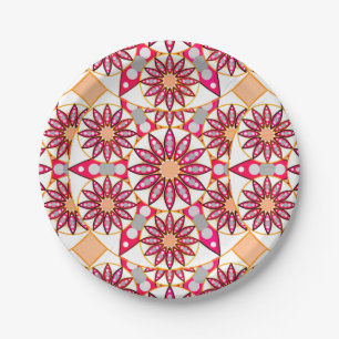 Mandala patroon, koraal, perzik, wit en grijs papieren bordje