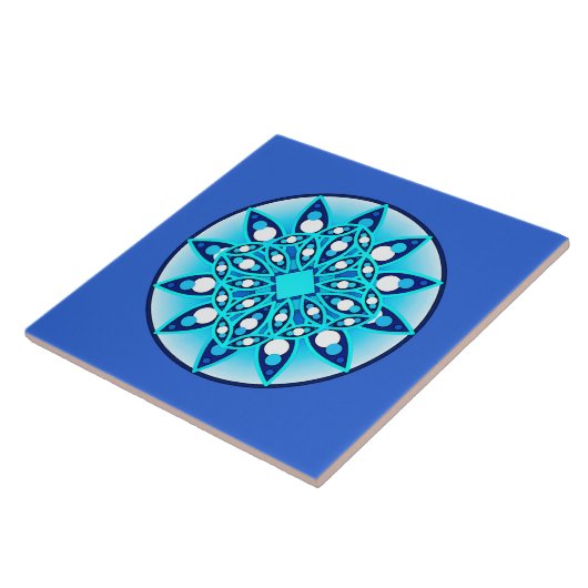 Mandala patroon, turquoise, kobalt blauw en wit tegeltje (Zijkant)
