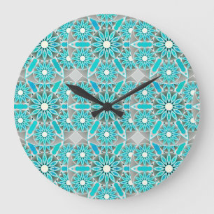 Mandala patroon, turquoise, zilvergrijs en wit grote klok