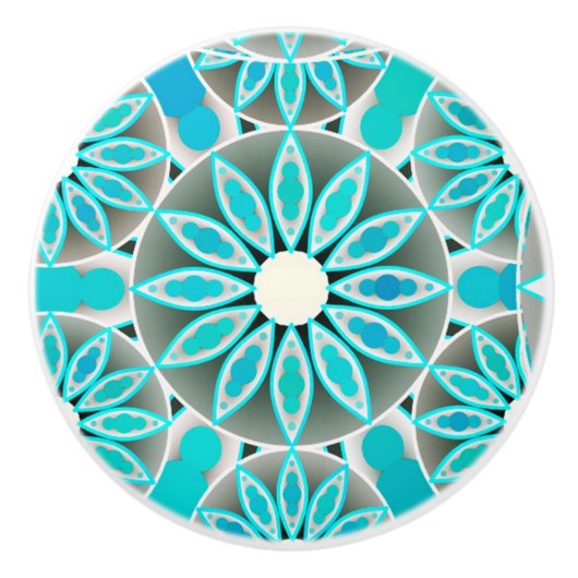 Mandala patroon, turquoise, zilvergrijs en wit keramische knop (Voorkant)