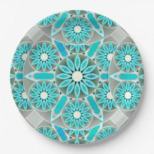 Mandala patroon, turquoise, zilvergrijs en wit papieren bordje