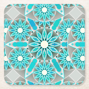 Mandala patroon, turquoise, zilvergrijs en wit vierkante kartonnen onderzetter